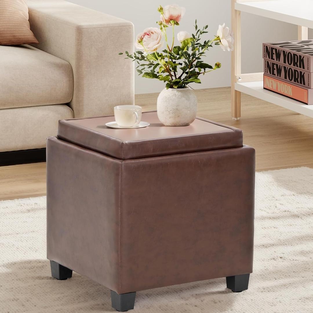 COLAMY Square Leather Storage Ottoman with Reversible Tray Lid  Multi-Functional Footrest, Hidden Storage, Sturdy & Stylish Small Coffee Table for Living Room, Bedroom, or Entryway(Brown) COLAMY Square Leather Storage Ottoman with Reversible Tray Lid  Multi-Functional Footrest, Hidden Storage, Sturdy & Stylish Small Coffee Table for Living Room, Bedroom, or Entryway(Brown)