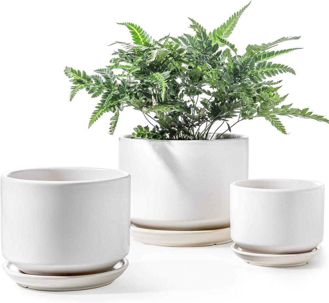LE TAUCI Ceramic Pots for Plants, 4.3+5.3+6.8 Inch Plant Pots, Set of 3, Planters with Drainage Hole and Saucer, Indoor Flower Pot with Hole Mesh Pad, Gifts for Mom, White