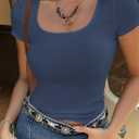LOLONG Womens Short Sleeve Ribbed T Shirts Summer Casual Square Neck Lace Patchwork Tops
