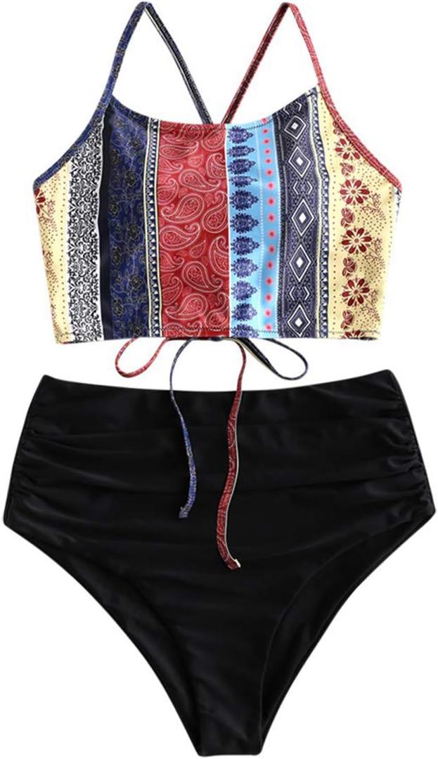 ZAFUL Women's High Waisted Bikini Set Crisscross Tankini Swimsuit Tummy Control Ruched Bathing Suit (Medium, Tp-1-multi-a)