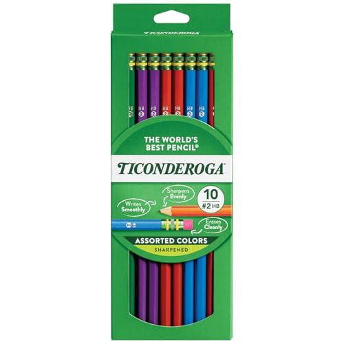 TICONDEROGA Pencils, Wood-Cased Graphite, #2 HB Soft, Pre-Sharpened, Assorted Color Barrels, Black Lead, 10-Pack (13932), 2PCS