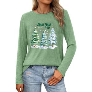 Christmas Long-sleeve T-shirt for Women Merry Christmas Pine Tree Lights Snow Xmas Pullover Holiday Top (Small, Green)
