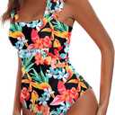 Ekouaer Women's One Piece Swimsuits Square Neck Tummy Control Bathing Suit with Adjustable Ruffled Straps Swimwear (M)