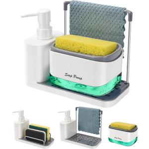 Hand and Dish Soap Dispenser Set with Tray, Dual Soap Dispenser with Sponge Holder and Dishcloth Holder 5-in-1 Organizer for Kitchen Sink Countertop Storage Organize - Useful Kitchen Gadgets (White)