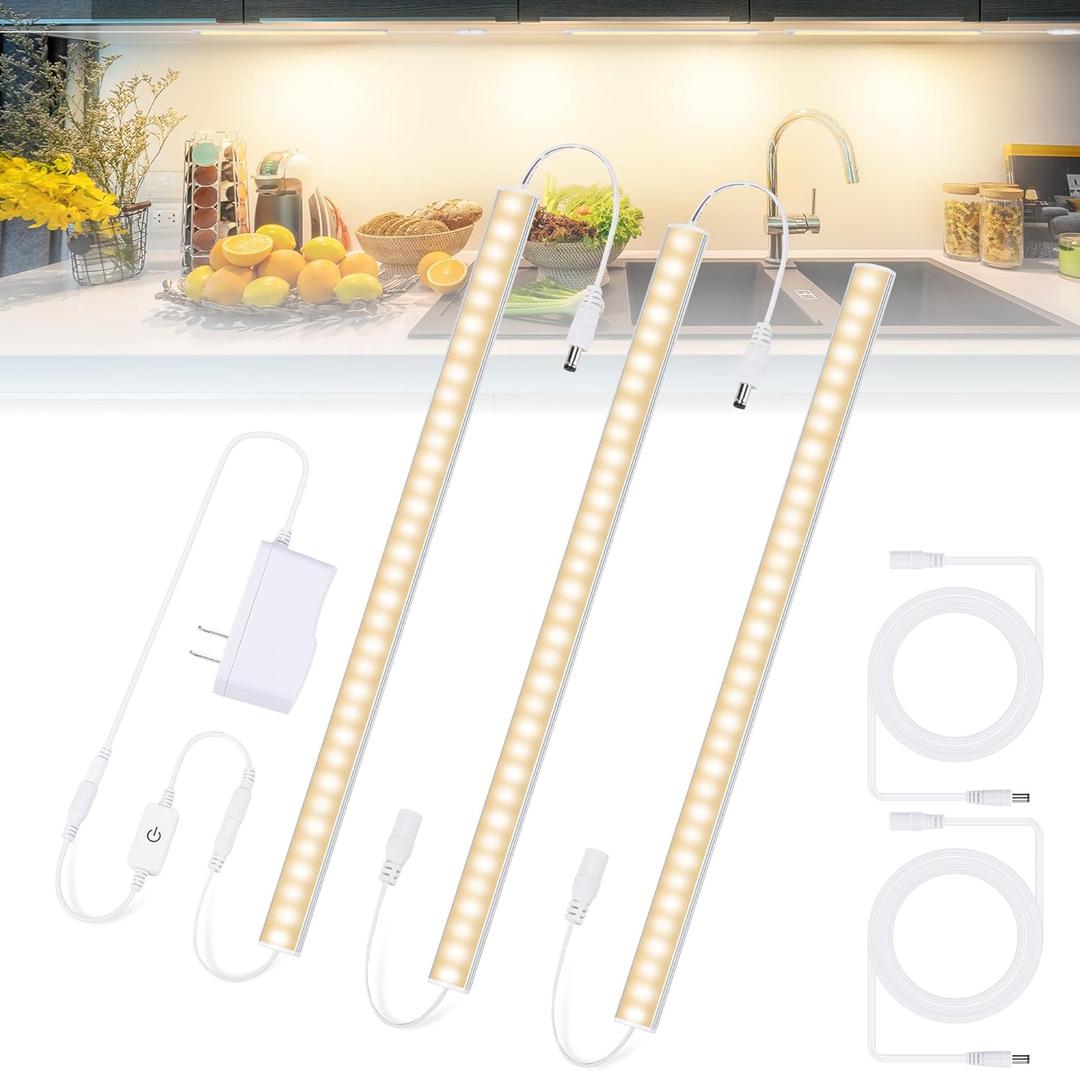 3PCS x 12inch Under-Counter Light Fixtures, LED Cabinet Lights with Memory Function, Warm White 3000K Desk Lighting, Slim Under Cupboard Lighting for Kitchen, Desk, Shelf