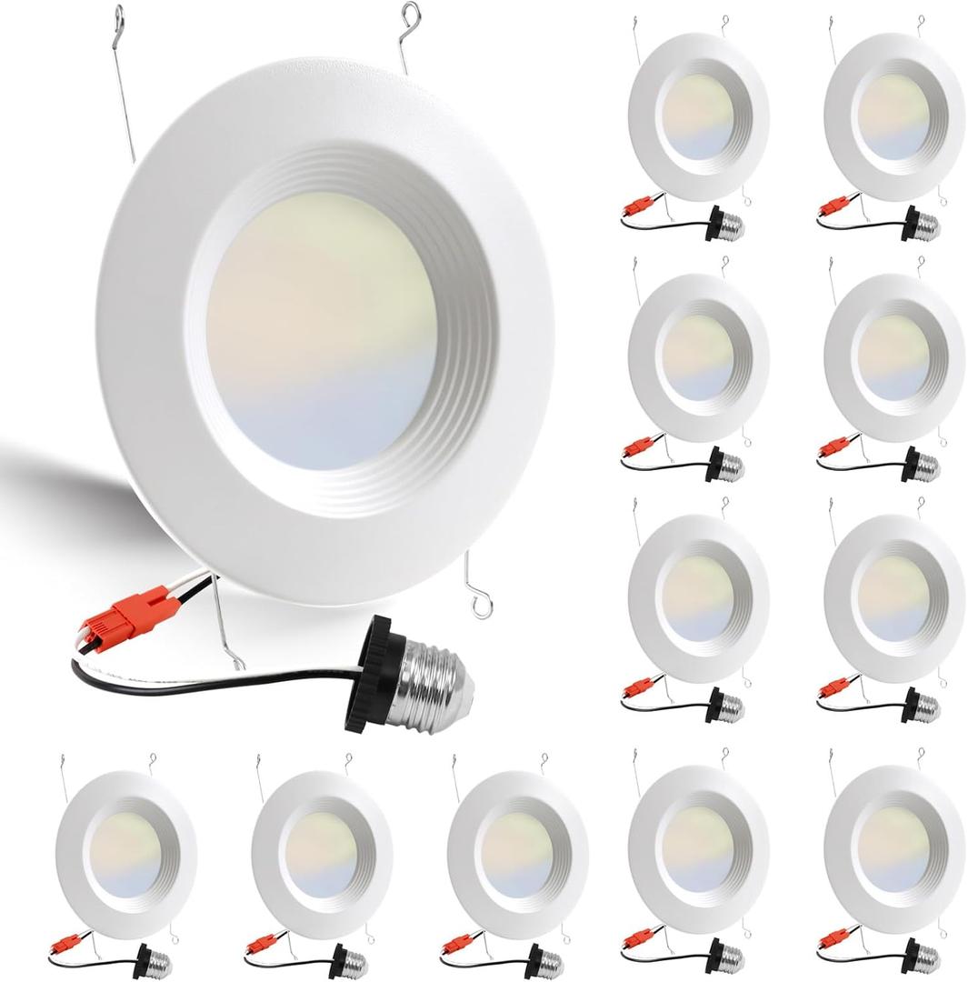 12 Pack 5/6 Inch 5CCT LED Recessed Light Retrofit, 2700K/3000K/4000K/5000K/6500K Selectable Downlight, Dimmable Can Lights with Metal Baffle Trim, CRI 90, 10.5W=85W, E26 Base, IC & Wet Rated, ETL&FCC