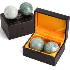 Lyellfe Set of 4 Marble Stone Baoding Balls, 2 Inch Meditation Balls with Box, Chinese Health Exercise Massage Ball for Hands, Stress Relief, Jade Green