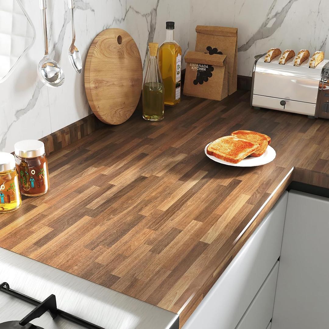 FunStick 36"x200" Large Butcher Block Countertop Contact Paper Waterproof Brown Wood Contact Paper for Cabinets Peel and Stick Countertops Wood Wallpaper for Kitchen Counter Top Covers Desk Vinyl Wrap