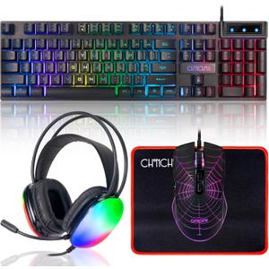 Gaming Keyboard Mouse Mousepad and Headset with mic Combo All in One USB Wired RGB Backlit Rainbow Side Button Gamer Bundle Set Compatible with PC Windows Xbox one PS4 PS5(Black)