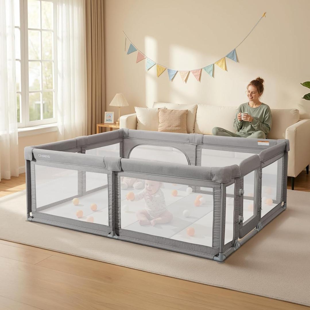 Baby Playpen,Extra Large Playpen for Babies and Toddlers, Sturdy Play Pen Play Yard with Safety Gate,79x71Baby Play Pen(Cationic Light Grey)