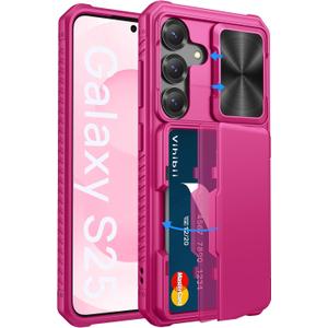 Vihibii for Samsung Galaxy S25 Wallet Case with Card Holder (4 Cards), [RFID Blocking] & Slide Camera Cover & Raised Edges Protect Screen, Heavy Duty Phone Cover for Samsung Galaxy S25 6.2", Hot Pink