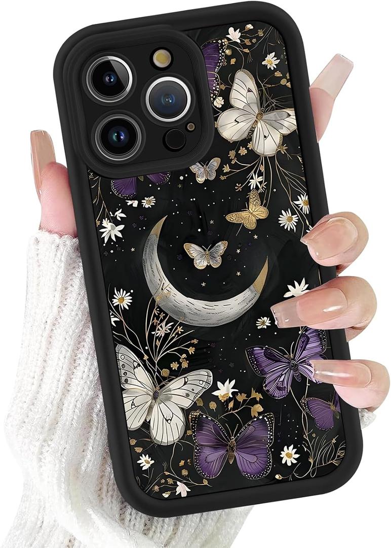Cute Phone Case for iPhone 15 Pro 6.1", Aesthetic Flower Floral Butterfly Pattern Design Girls Women Cover, Fashion Soft Slim TPU, Protective Silicone Funda for iPhone15 Pro, Black