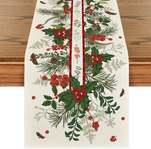 Artoid Mode Holly Pine Cone Leaves Floral Christmas Table Runner, Seasonal Winter Kitchen Dining Table Decoration for Home Party Decor 13x72 Inch