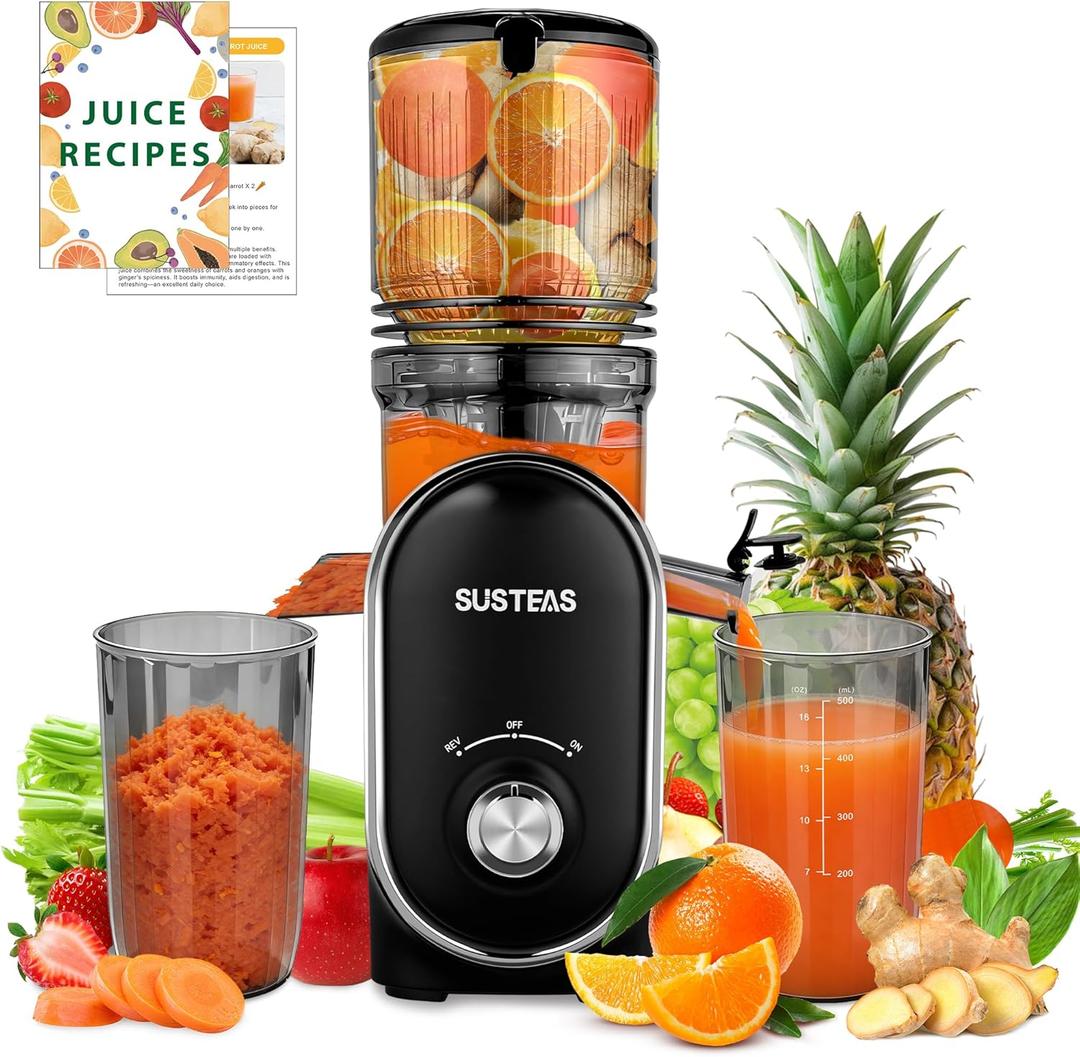 SUSTEAS Cold Press Juicer, 300W, 5.3" Large Feed Chute, 1.5L Capacity, Automatic Feeding, High Yield, Easy to Clean, Ideal for Whole Fruits & Vegetables, Black