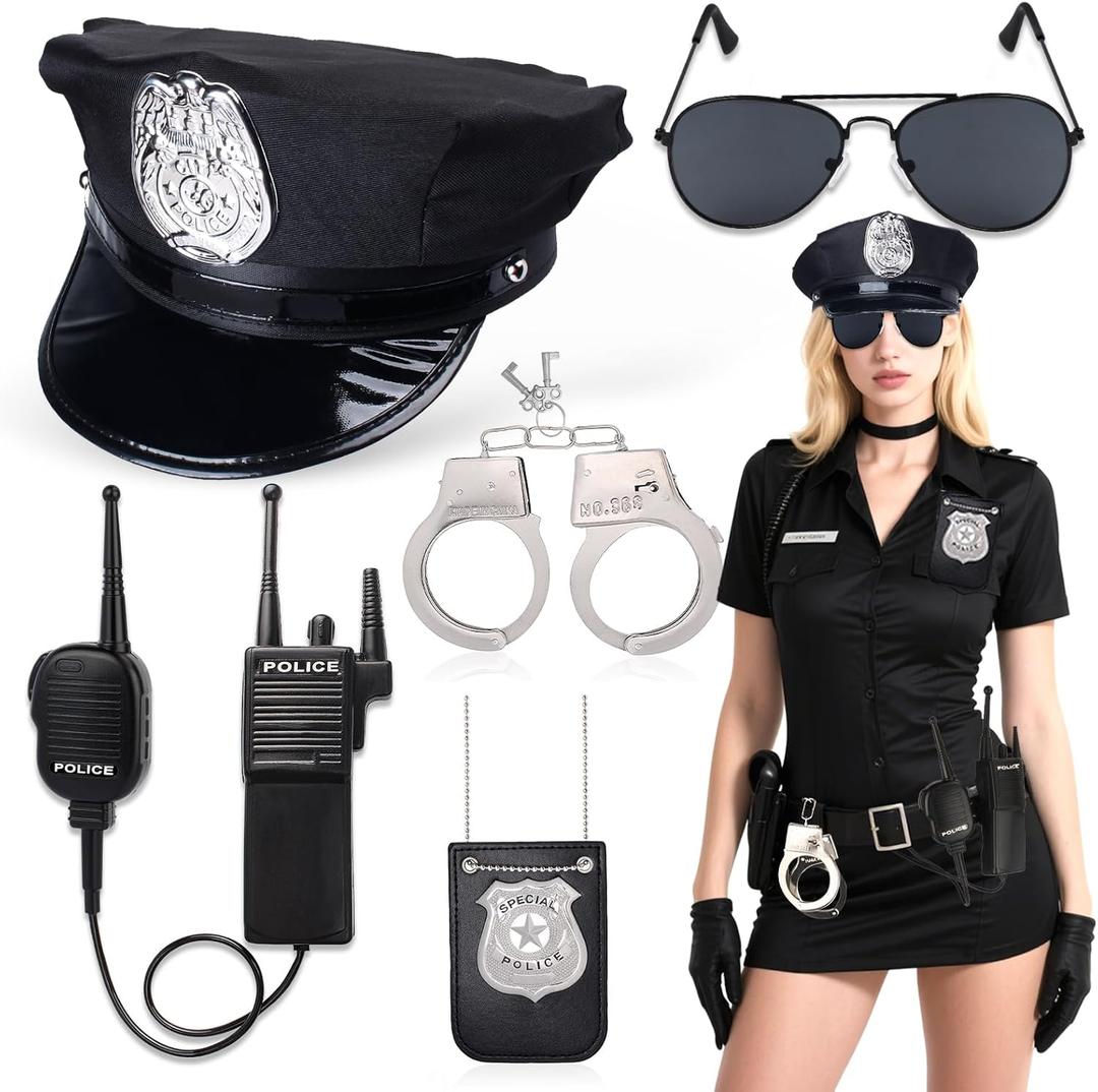 Beelittle Police Costume Accessories for Women Cop Hat Handcuffs Badge Police Officer Gear Halloween Party Dress up