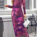 MEROKEETY Women's Spring Wedding Guest Dress 2026 Long Sleeve Bodycon Floral Mesh Fall Cocktail Holiday Party Maxi Dresses (Purple, M)