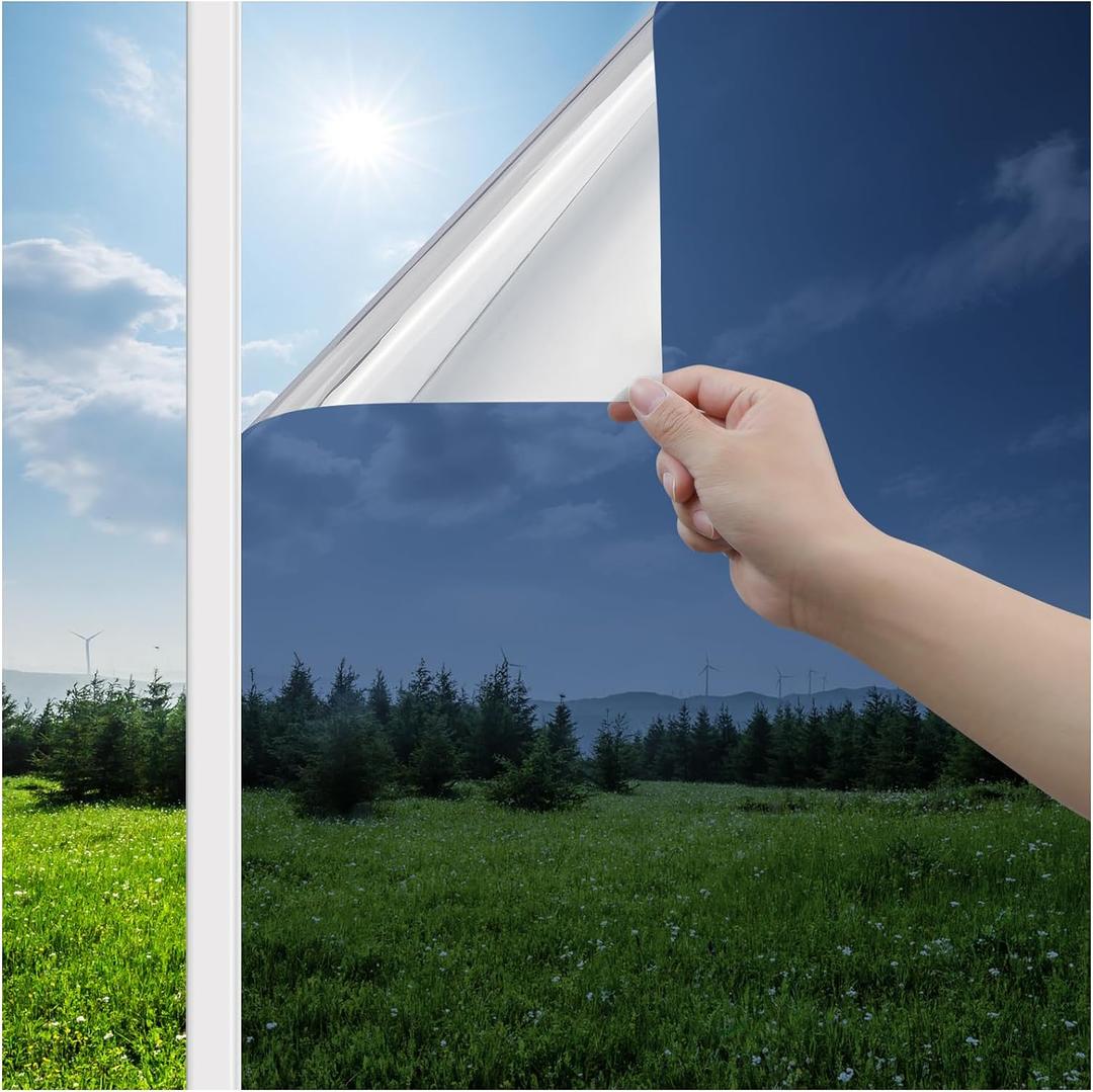 Haton Window Privacy Film One Way Window Tint for Home, Sun UV Blocking Heat Control Reflective Mirror Film, No Glue Static Cling See Out Not in Glass Door Covering, Blue Silver, 35.4" x 78.7"