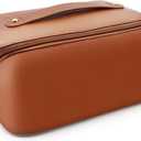 Cosmetic Bag, Large Capacity Travel Makeup Bag, PU Waterproof Storage Cosmetic Bag, Women Portable Travel Makeup Bag with Handle and Divider Flat Lay Makeup Organizer Bag (Brown)