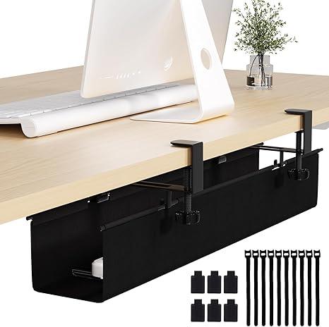 Under Desk Cable Management Tray 27.2" - No Drill Computer Wire Organizer Cable Tray, Cord Hider Clamp Mount with 16X Cable Ties PC Cables Management Cord Holder for Office/Home (Upgrade Fabric,White)