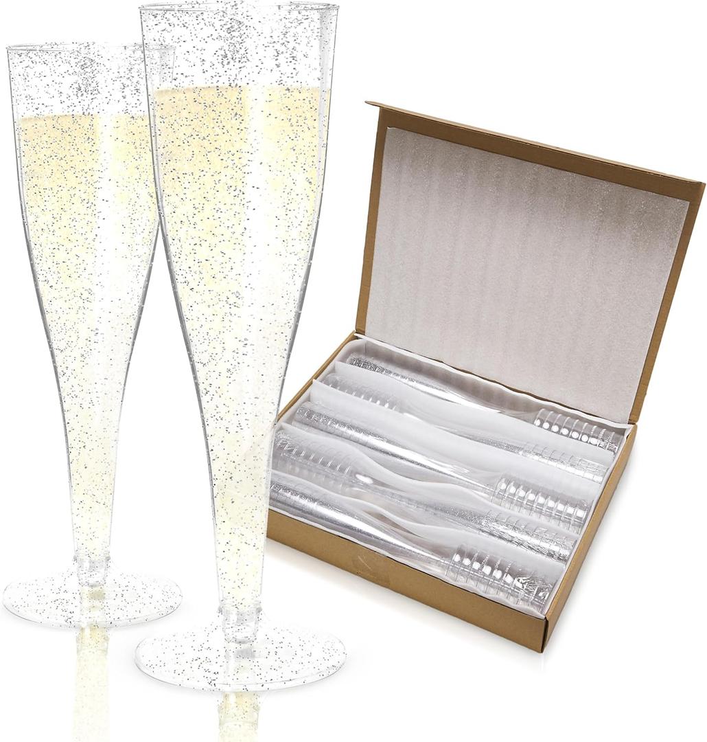 Prestee 100 Pack Plastic Champagne Flutes Disposable - Durable Silver Glitter Champagne Glasses 4.5 oz - Ideal for Parties, Weddings, Mimosa Bar, and Celebrations - Elegant Single Use Party Glasses (100 Count (Pack of 1))