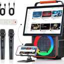 Portable Bluetooth Karaoke Speaker with 14.1 HD Screen, Wireless Screen Mirroring for iOS & Android, 2 Wireless Rechargeable Mics, AUX/USB/TF Card, Dynamic Lyric Display via Bluetooth, Ideal for Home
