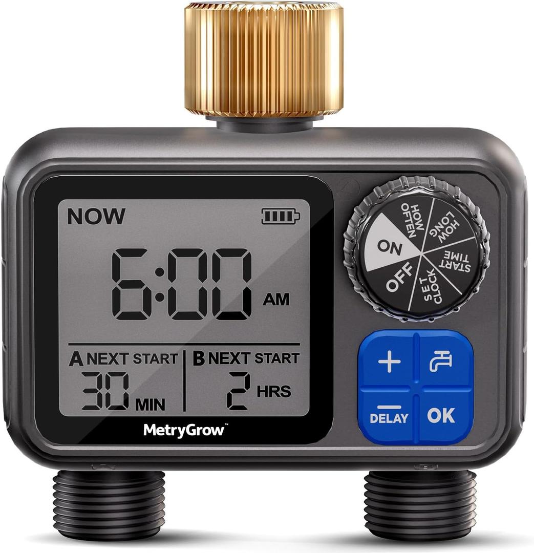 Sprinkler Timer, Programmable Irrigation Water Timer with 2 Brass Inlet for Garden Hose, Automatic Watering System for Yard Lawn, Rain Delay (Pewter)
