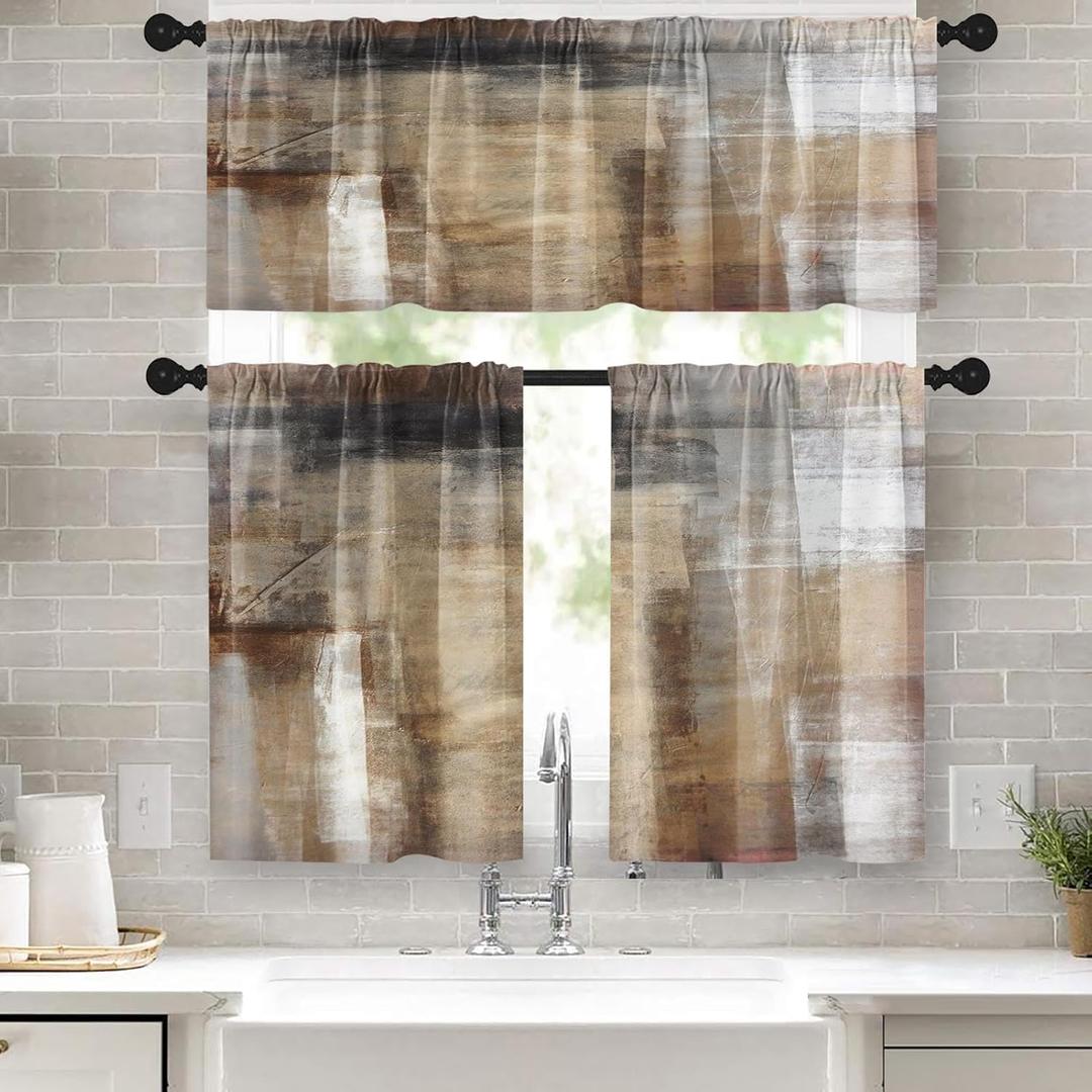 Brown Kitchen Window Curtains Valance and Tier Set 36 Inch, Grey Beige Modern Rod Pocket Short Tier Curtain, Abstract Art Small Cafe Drapes for Kitchen Decor