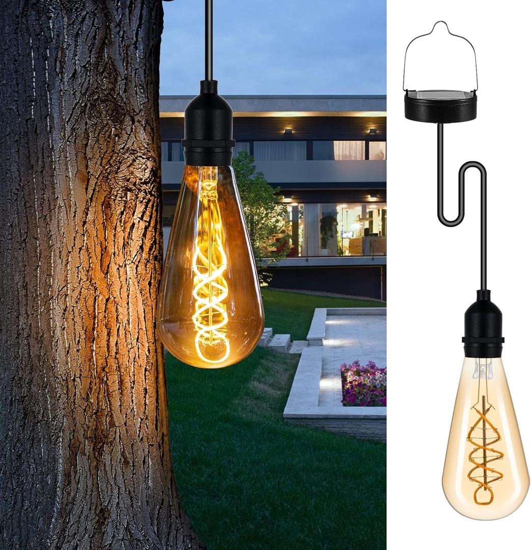 Hanging Solar Lights Glass Edison Bulbs Solar Powered Lantern Outdoor Waterproof LED Garden Decorative Light for Patio Yard Tree (1-Pack)