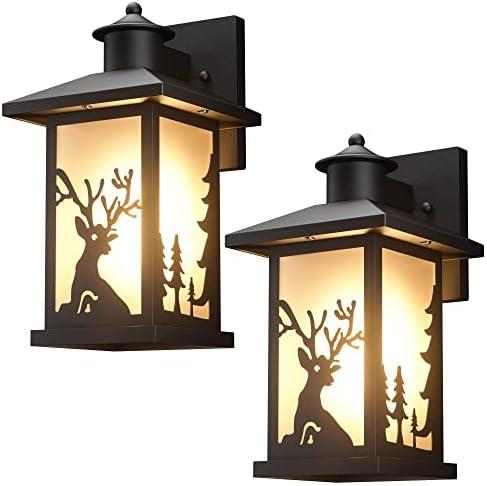 JAYNLT 2 Pack Outdoor Wall Sconce, Waterproof Exterior Wall Lights Fixtures, Porch Lights Anti-Rust with Toughened Frosted Glass, Deer Pattern and E26 Socket for House, Garage, Patio,Front Door, Black