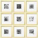 eletecpro 10x10 Picture Frames Set of 9 with Mat for 5x5 Photos or without Mat for 10x10, Square Gallery Wall Decor Collage for Picture Display, Gold Frame Set for Wall Hanging