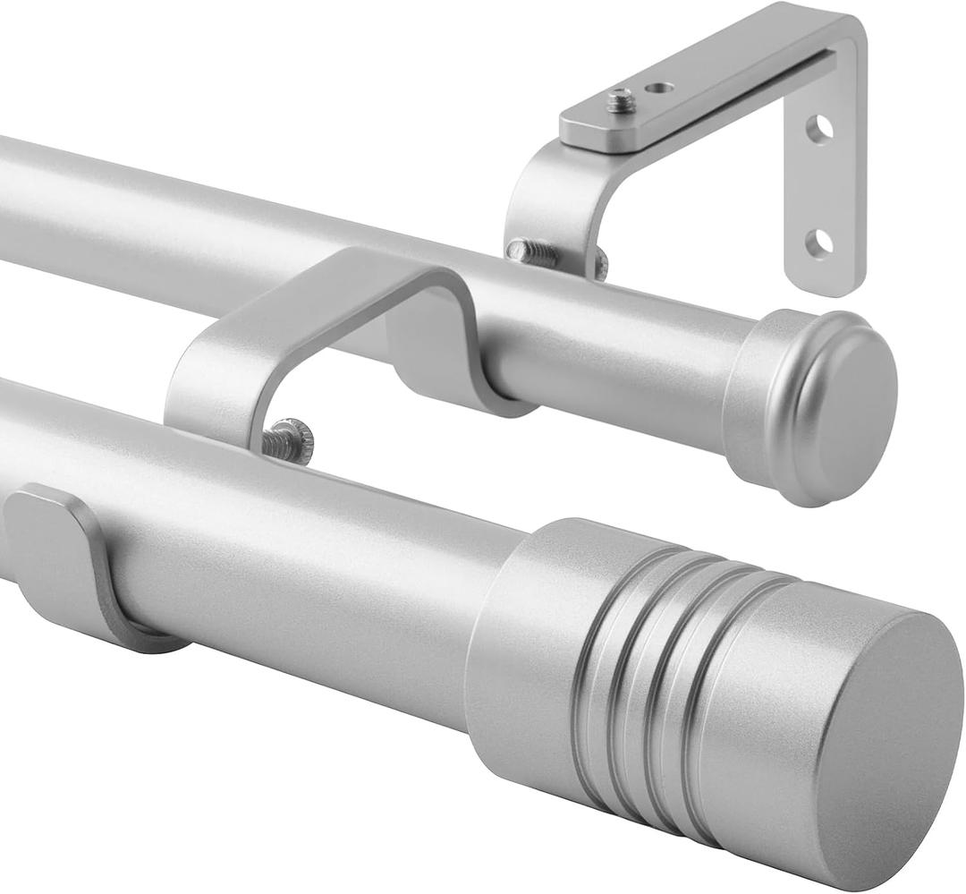 Creatyi 1 Inch Heavy Duty Double Curtain Rods 32 to 129 Inch Adjustable Double Curtain Rods for Windows for Bedroom Living Room Kitchen Study Office (Silver)
