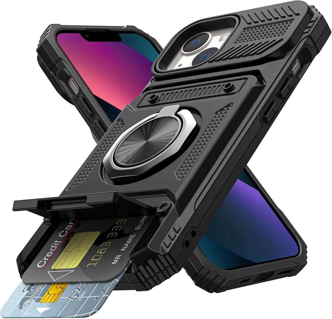 Vofolen for iPhone 13 Wallet Case with Card Holder [Store 2 Cards] + 360° Magnetic Ring Stand Dual Layer Heavy Duty Protective Shockproof Wallet Phone Case Cover for iPhone 13 for Women Men, Black