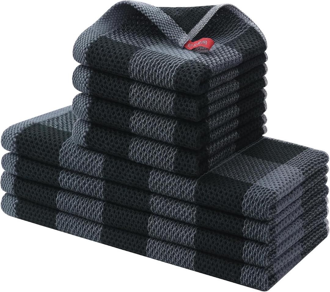 Homaxy Kitchen Towels and Dishcloths Set, 12 x 12 and 13 x 28 Inches, Set of 8 100% Cotton Waffle Weave Check Plaid Kitchen Dish Towels, Super Soft and Absorbent Dish Cloths, Black & Grey
