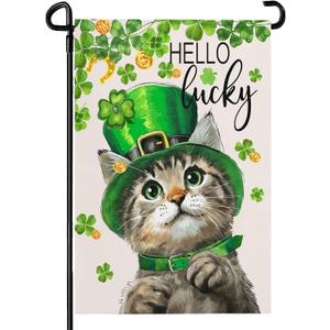 St Patricks Day Garden Flag 12X18 IN Double Sided Lucky Cat Garden Flags for Outside Farmhouse Yard Outside Decoration