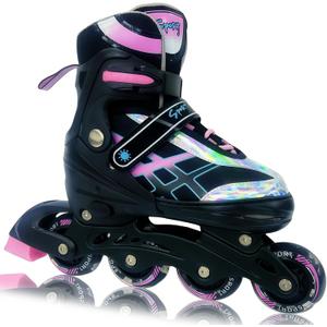 Adjustable Inline Skates for Kids and Teens Ages 4-16, All 8 Wheels of Inline Roller Skates Light Up, Safe and Fun Illuminating for Outdoor Indoor Sports (Black-Pink, Size 7)
