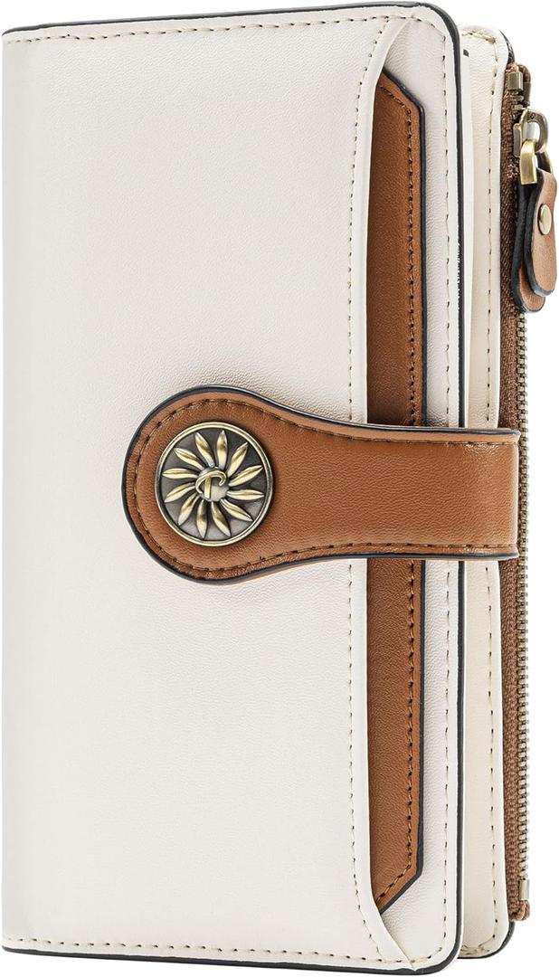 Travelambo Wallets Women RFID Large Capacity Luxury Waxed Leather Clutch Wallet Multi Card Organizer (Beige & Red Brown)