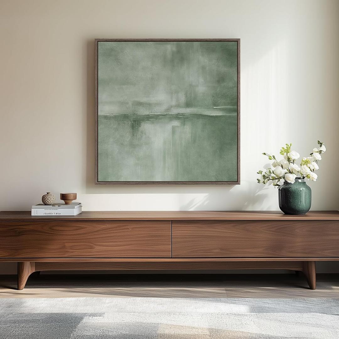 Framed Sage Green Abstract Wall Art, Modern Canvas Prints Artwork for Walls, Square Minimalist All Green Abstract Pictures for Living Room, Hallway, Fireplace, Bedroom, Home Office Wall Decor 30x30 In