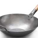 Craft Wok Flat Hand Hammered Carbon Steel Pow Wok with Wooden and Steel Helper Handle (14 Inch, Flat Bottom) / 731W316