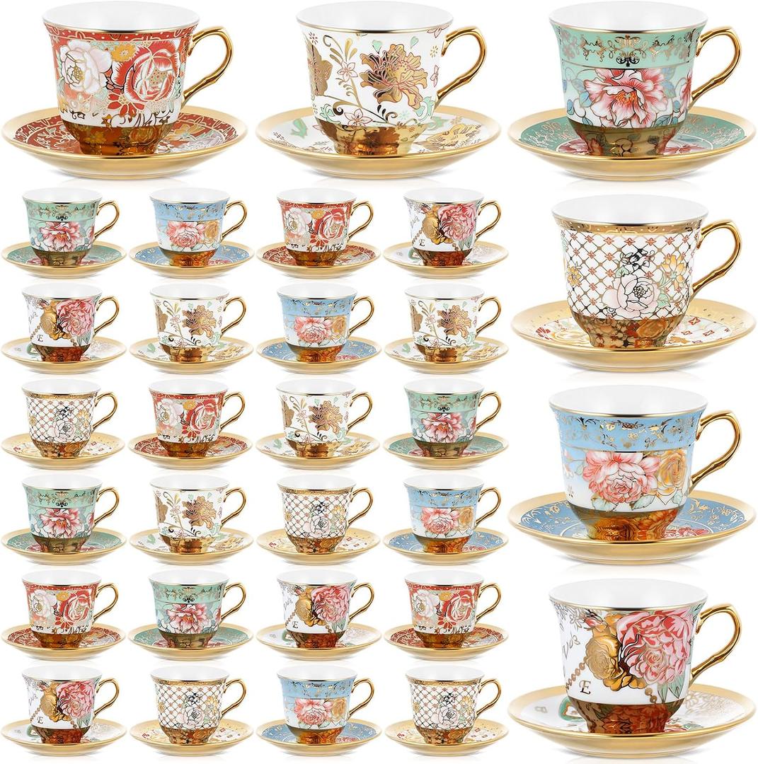 Teenyyou Set of 36 Tea Cups and Saucers Tea Party Decorations Floral Porcelain 5.4 oz British Gift for Women Birthday Party, Church, and Mother's Day (Stylish Style)