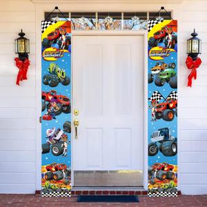 2Pcs Cartoon For Blaze and The Monster Birthday Porch Sign Door Hanging Banner Cartoon Birthday Party Supplies for Wall Decorations.