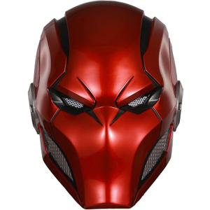 Red Hood Helmet Metallic Mechanical Style Piercing Eye Detail Form-Fitted Deluxe Cosplay Prop for Fans & Collector's Edition (Red)