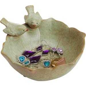 MyGift Decorative 2 Birds Garden Design Ceramic Green Serving Bowl/Jewelry Tray/Candy & Nut Dish