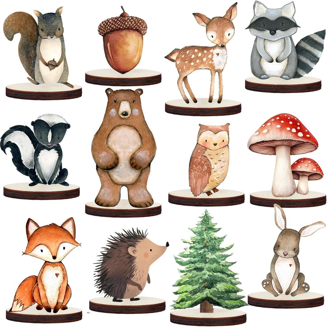 12 Pcs Painted Woodland Animals Wood Table Centerpieces Cutout Shapes Woodland Baby Shower Decorations Wild Creatures Wood Table Topper for Forest Camp Party Supplies