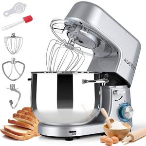 9.5 QT Double Handle KUCCU Stand Mixer, 6 Speed with Pulse Electric Kitchen Mixer, 660W Tilt-Head Food Mixer with Dishwasher-Safe Dough Hook, Flat Beater, Whisk, Splash Guard for home baking (Silver)