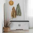HOMSHO 2-Tier Storage Bench, 39.4" Wide Shoe Bench with Padded Seat Cushion, Entryway Bench with 2 Barn Doors and Adjustable Shelf, White