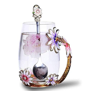 Luka Tech Enamel flower Leadfree Glass Coffee Mugs Tea Cup with Steel Spoon, Best Birthday Gifts For Women Wife Mom Friends Mothers Valentines Day Christmas (PurpleTall)