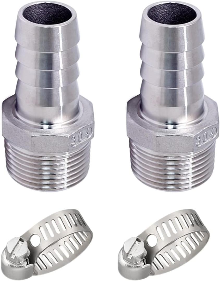 Stainless Steel 304 Hose Barb Fitting, 1-1/4" Barbed x 1-1/4" NPT Male Straight Adapter Connector with 2 Hose Clamps, Pack of 2
