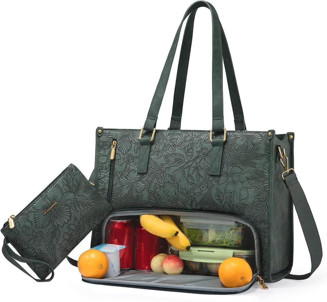 LOVEVOOK Lunch Tote Bag for Women, 15.6 Inch Laptop Bag with Insulated Lunch Compartment, Quilted Large Capacity Computer Handbag with Purse for Business, Work, Nurse, Office, Collage, Casual