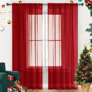 SpaceDresser Sheer Voile Window Treatment Rod Pocket Curtain Panels for Kitchen Bedroom Living Room Drapes Sunlight Filtering Privacy Semi Home Decor Assorted Colors Sizes (Christmas Red, 52 W x 63 L)