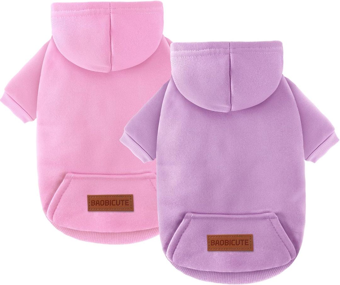 2 Pack Dog Hoodie Warm Hood Dog Sweater Cold Weather Small Dogs Sweatshirt Comfort Pet Clothes for Small Medium Dogs with Pockets Cats Chihuahua Clothes for Male Female Girl Boy Sporty Daily Wear (XS (Back: 7.5",Chest: 12.6", 1.8-3.5lbs), Pink+Purple)
